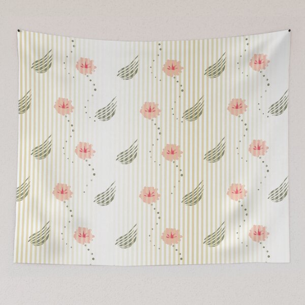 Item preview, vertically striped floral pattern in pink, green, and pale yellow designed and sold by rysunki-malunki.