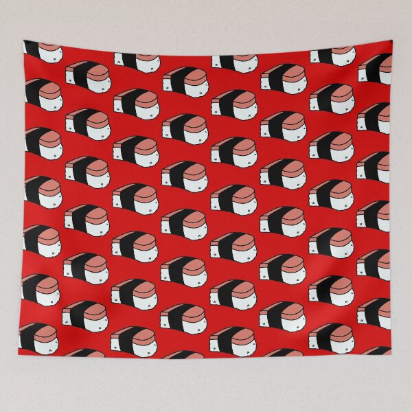 Item preview, Red Background Musubi Lunch Meat Cute Funny Food Foodie Pink Rice Nori Sushi Oni Onigiri Ball Asian Cuisine  designed and sold by mariesmunchies.