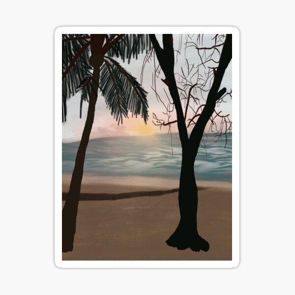 Sunset beach, sea, sun, seaview, palmtree Ifaty, Madagascar. Graphic illustration print, Wall art, interior art, home deco, Sticker