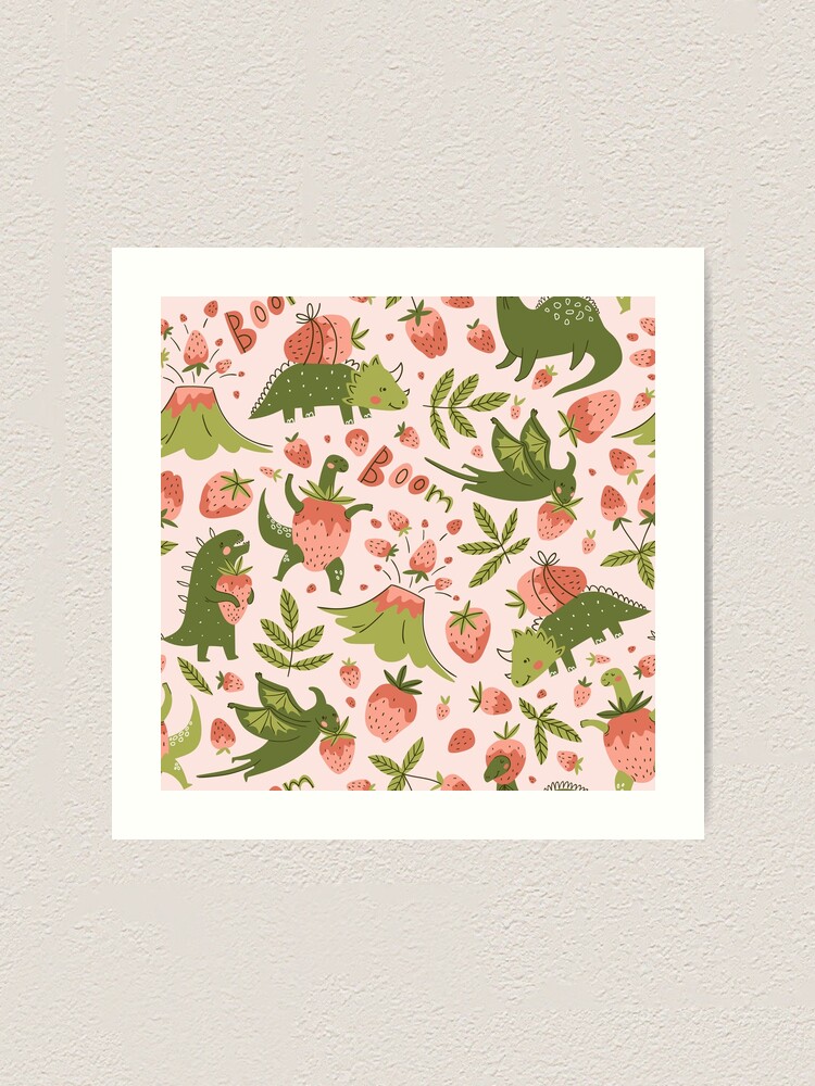 "Strawberry dino boom! Berries and dinosaurs kids vector illustration." Art Print by Utrona