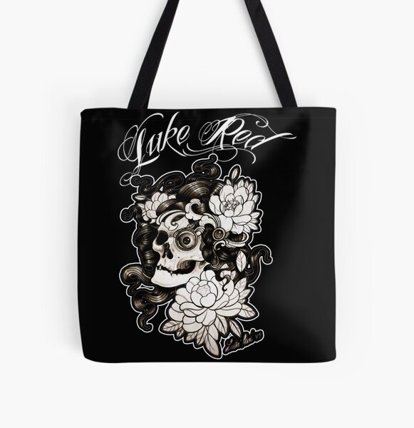 Teschio con peonie by Luke Red All Over Print Tote Bag