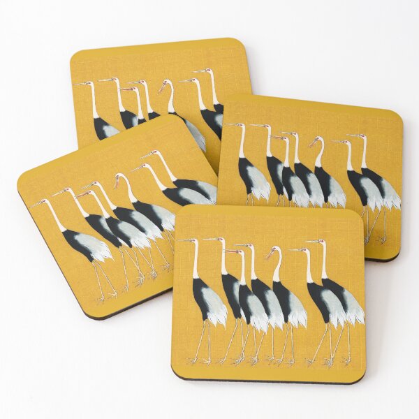 Item preview, BLACK WHITE RED CROWN CRANES FLOCK IN YELLOW Japanese Art designed and sold by BulganLumini.