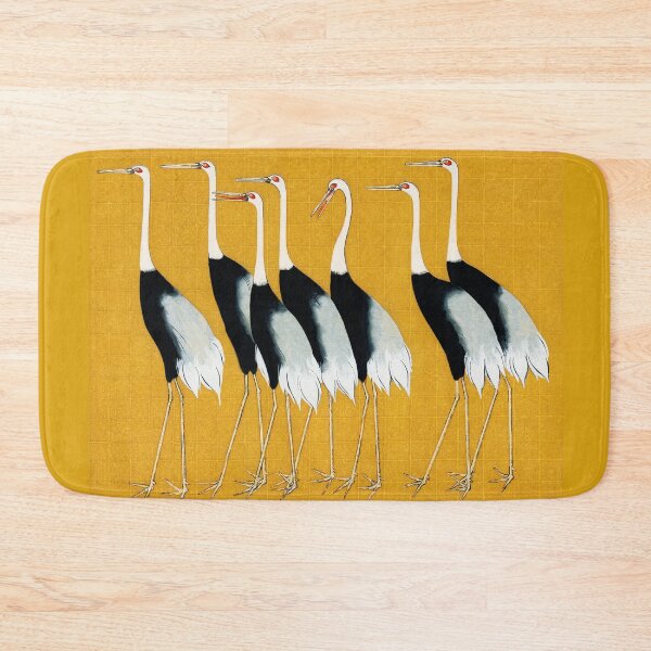 Item preview, BLACK WHITE RED CROWN CRANES FLOCK IN YELLOW Japanese Art designed and sold by BulganLumini.