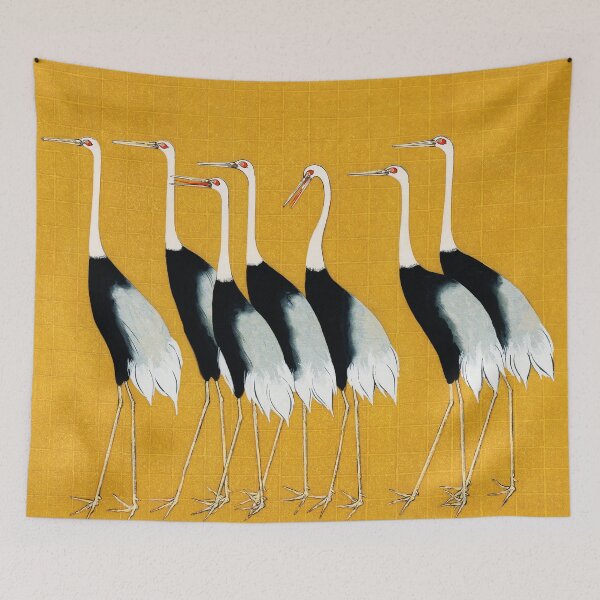 Item preview, BLACK WHITE RED CROWN CRANES FLOCK IN YELLOW Japanese Art designed and sold by BulganLumini.
