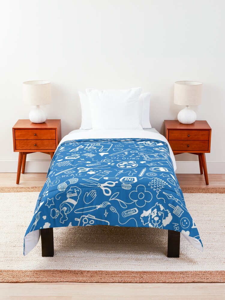Alternate view of Doodle for creatives or back to school - white on blue Comforter