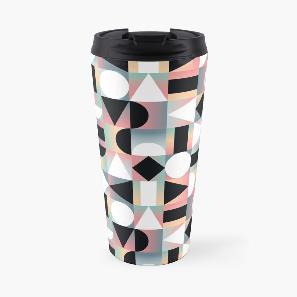 Abstract Geometric Composition Black and White Shapes on Checkered Gradients - Ombré Travel Mug
