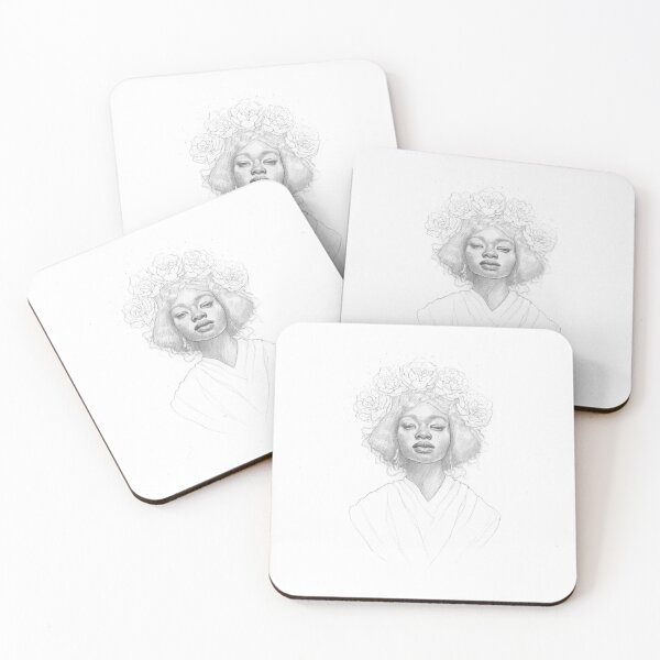 Empowered Black Woman - Black& White Pencil Line Sketch - Drawing by MadliArt Coasters (Set of 4)
