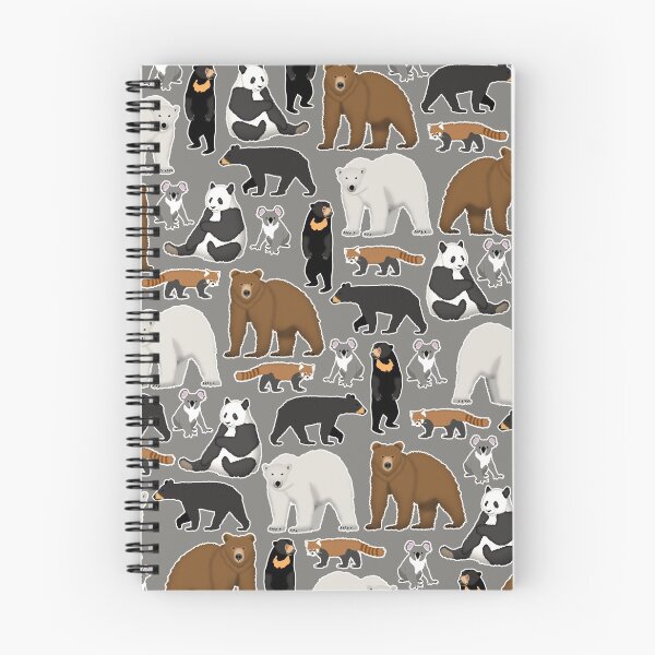 Item preview, Bear species pattern with grizzly, polar bear, red panda, giant panda, koala, black bear, and sun bear with grey background designed and sold by CiniArt.