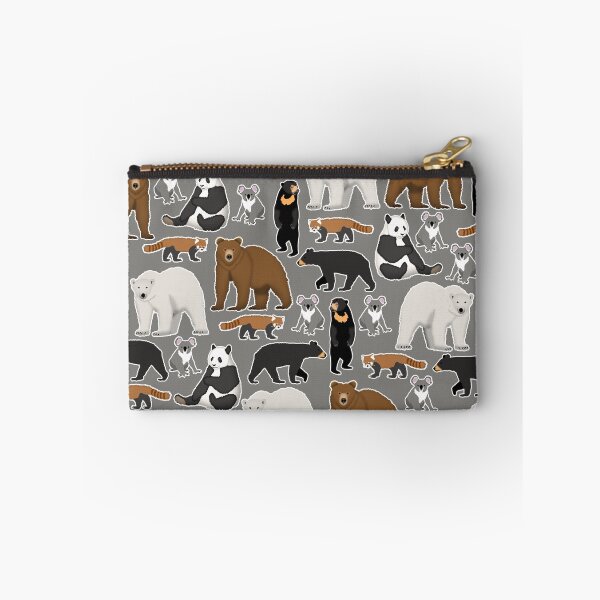 Item preview, Bear species pattern with grizzly, polar bear, red panda, giant panda, koala, black bear, and sun bear with grey background designed and sold by CiniArt.