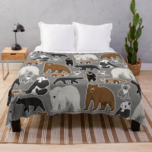 Item preview, Bear species pattern with grizzly, polar bear, red panda, giant panda, koala, black bear, and sun bear with grey background designed and sold by CiniArt.