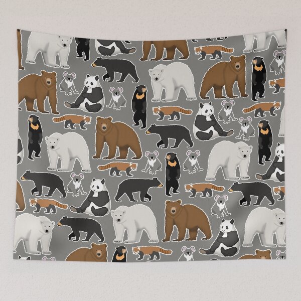 Aperçu de l'œuvre Motif d'espèces d'ours avec grizzly, ours polaire, panda roux, panda géant, koala, ours noir et ours malais sur fond gris créée et vendue par CiniArt.