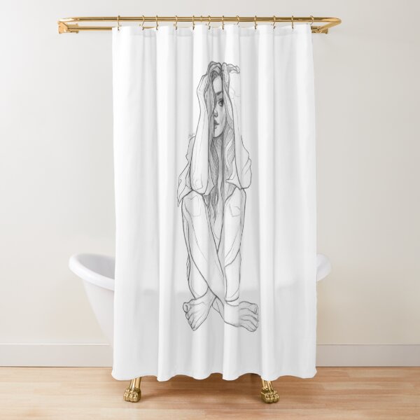 Moody Girl - Black& White Pencil Line Sketch - Drawing by MadliArt Shower Curtain
