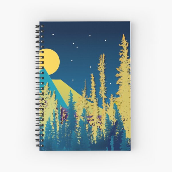 Full Moon Rising over the mountains and trees | digital, abstract, mountains, digital-painting Spiral Notebook