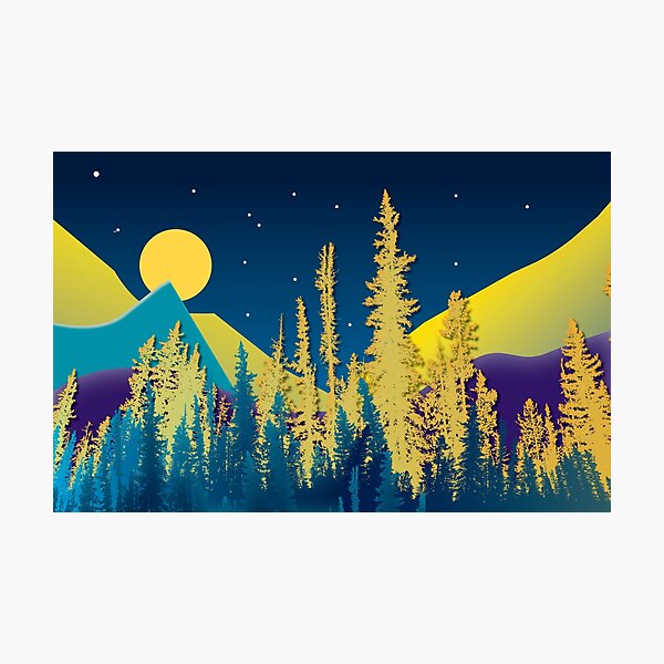 Full Moon Rising over the mountains and trees | digital, abstract, mountains, digital-painting Photographic Print