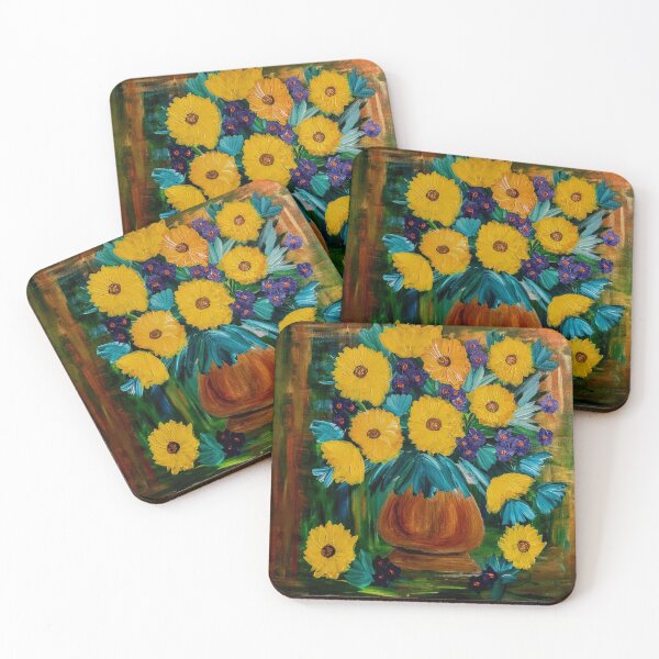 Item preview, Sunflowers and mixed flowers in gold vase  designed and sold by kkartwork.