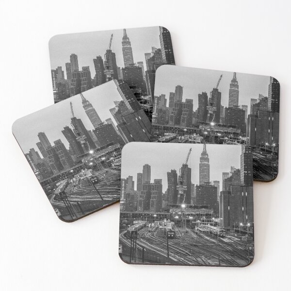 Item preview, New York City Skyline and Railyard at Dusk, Black & White designed and sold by hawkeye0.