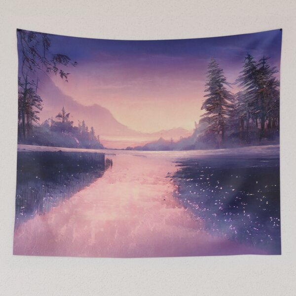 Item preview, View of a mountain lake at dusk with a blue sky designed and sold by amithachapa.