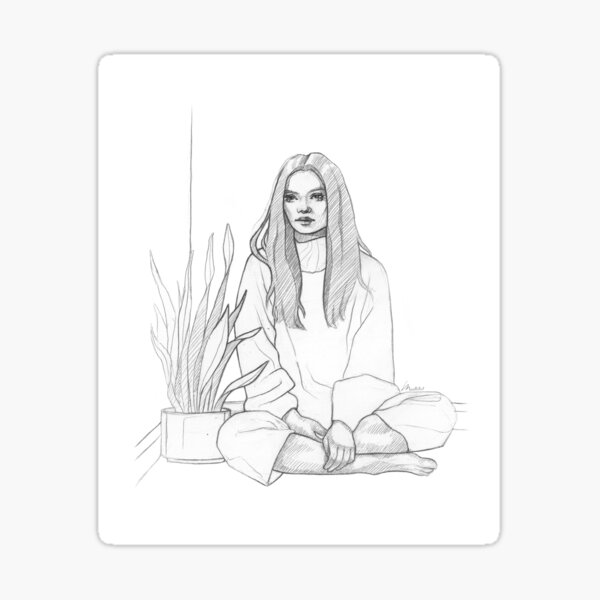 Girl sitting next to a plant - Black& White Pencil Line Sketch - Drawing by MadliArt Sticker