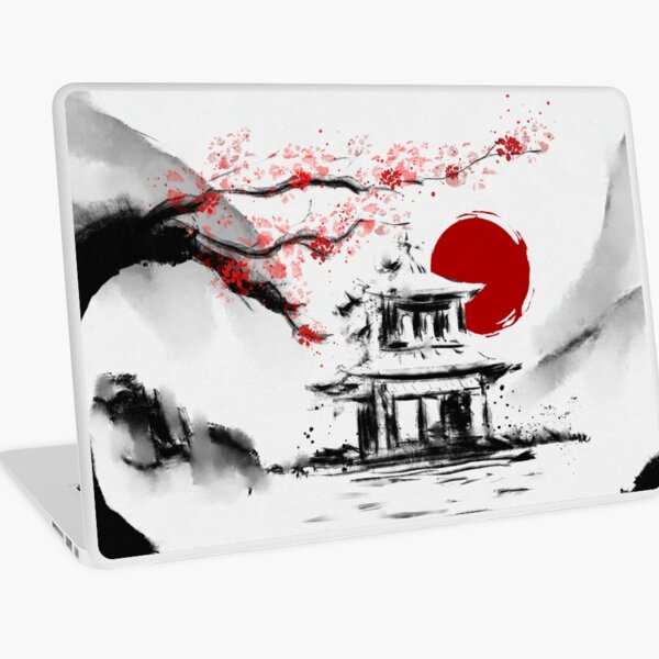 Aperçu de l'œuvre Dessin à l'encre de pagode d'arbre de fleur de cerisier japonais Sakura Sumi-e créée et vendue par Oni Kanzen.