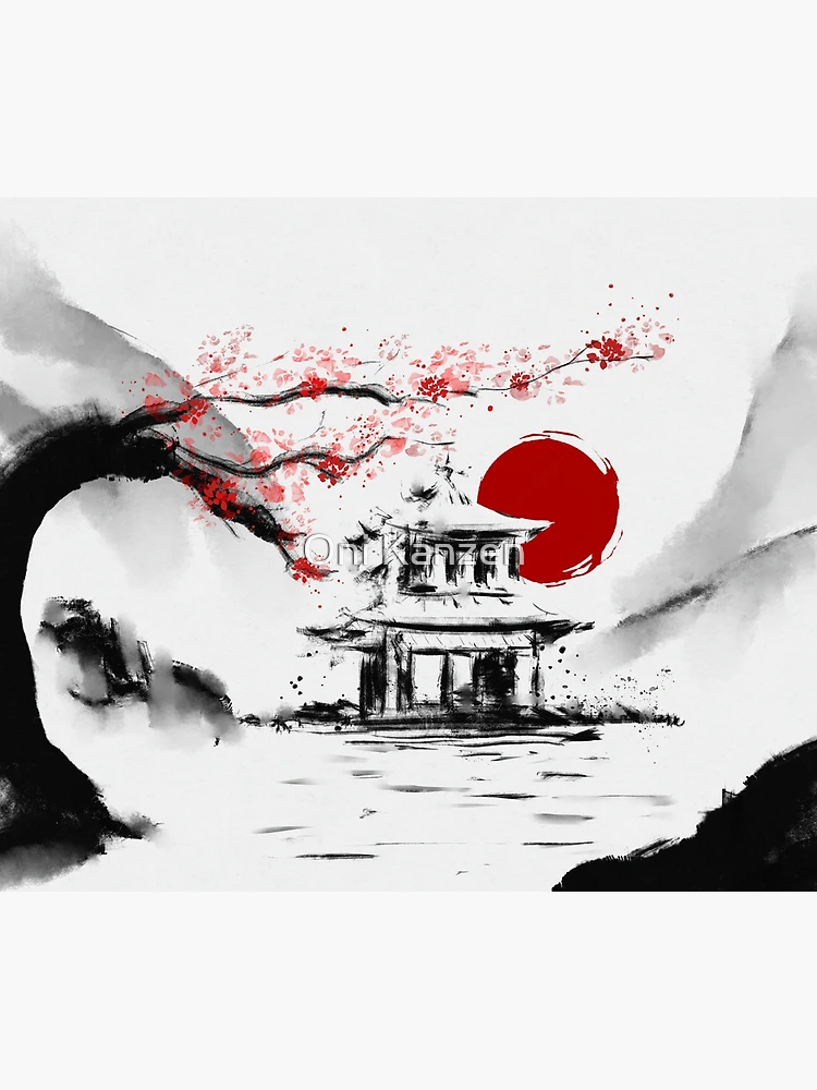 Japanese cherry blossom tree pagoda Ink Drawing Sakura Sumi Japanese cherry blossom tree pagoda Ink Drawing Sakura Sumi