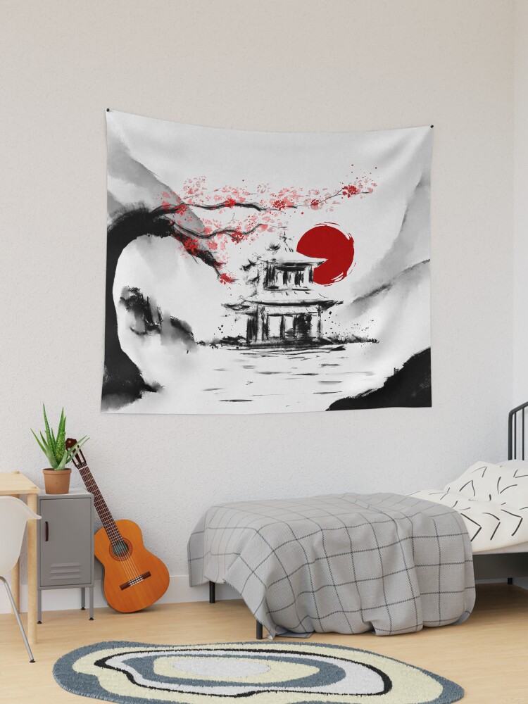 Japanese cherry blossom tree pagoda Ink Drawing Sakura Sumi Japanese cherry blossom tree pagoda Ink Drawing Sakura Sumi