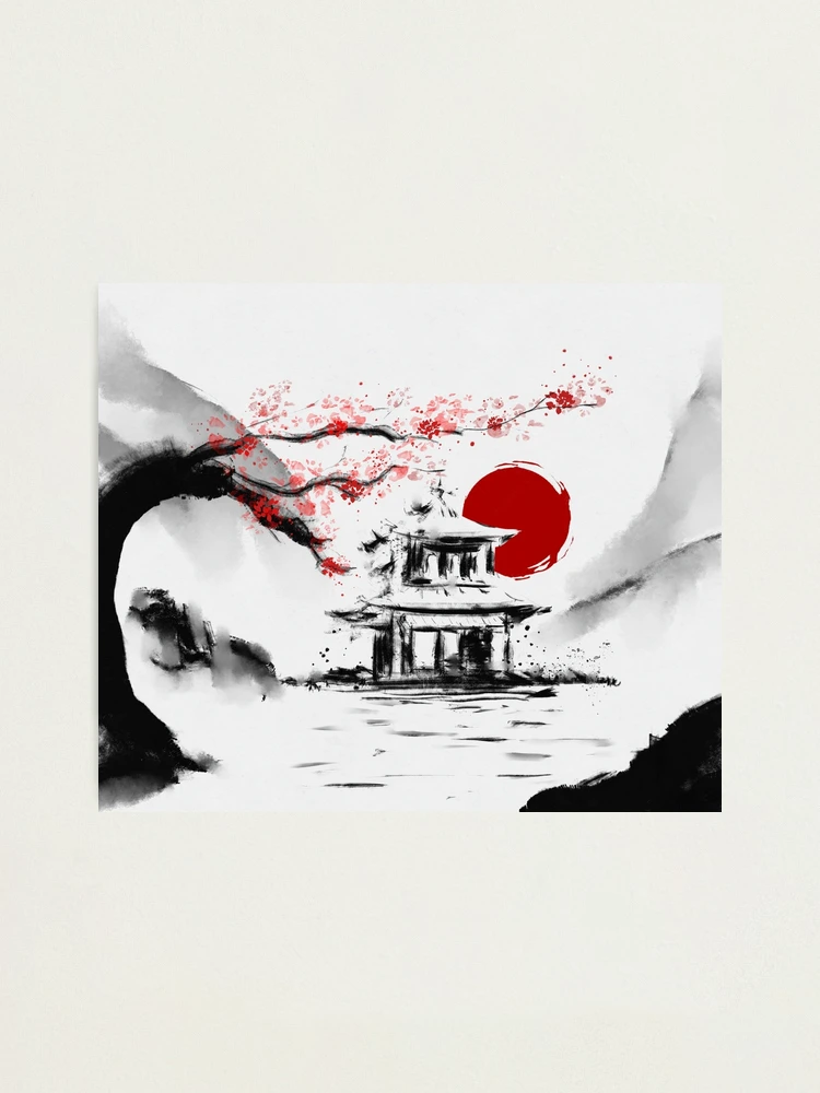 Impression photo avec l'œuvre « Dessin à l'encre de pagode d'arbre de fleur  de cerisier japonais Sakura Sumi-e » de l'artiste Oni Kanzen