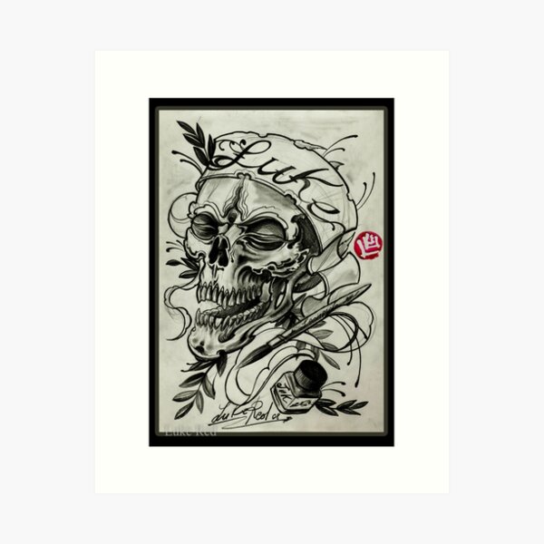 Skull with laurel Luke Red Art Print