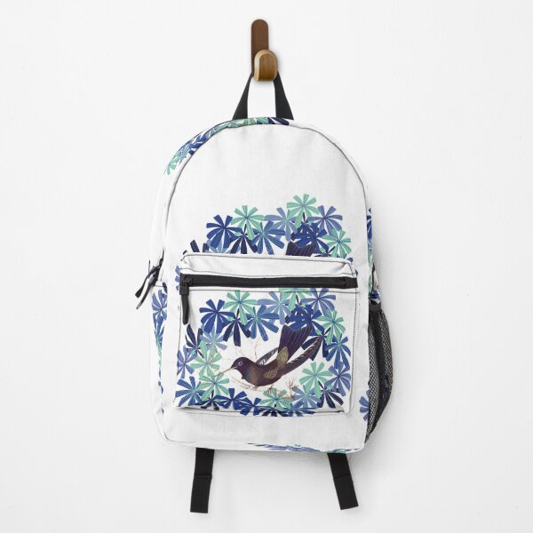 Item preview, VINTAGE HUMMINGBIRD FLORAL | Contemporary blue green flowers with 1880s style retro bird nature drawing designed and sold by Le Plus Three.