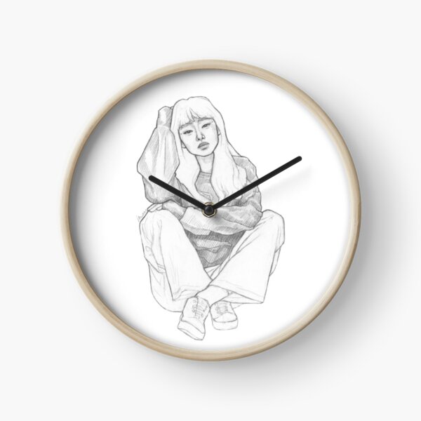 Girl sitting - Black& White Pencil Line Sketch - Drawing by MadliArt Clock