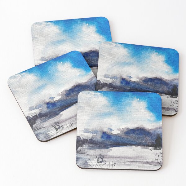 Item preview, frosty snowy cloudy winter landscape watercolor illustration designed and sold by DaryaGeft.