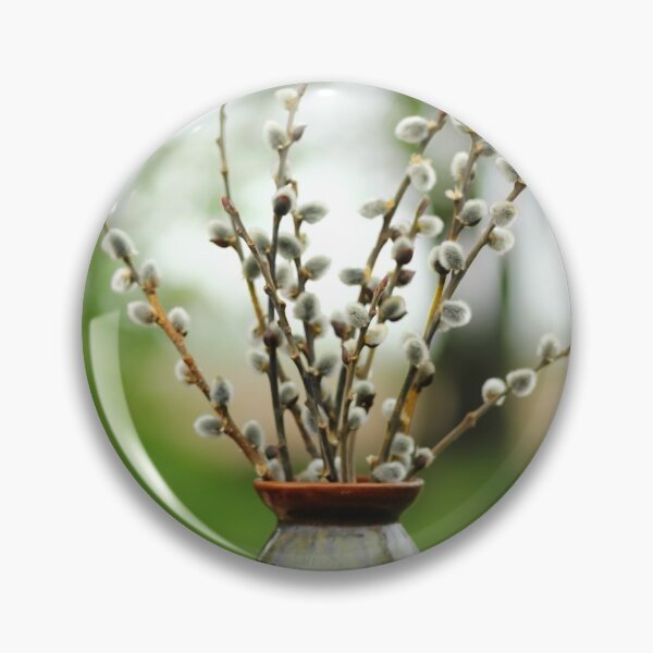 Item preview, Closeup of spring pussy willow catkins branches /twigs bouquet in a green vase outdoors designed and sold by Familyshmot.