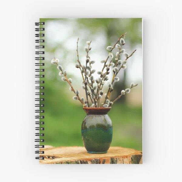 Item preview, Closeup of spring pussy willow catkins branches /twigs bouquet in a green vase outdoors designed and sold by Familyshmot.