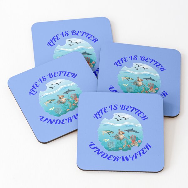 Item preview, Life Is Better Underwater with Dolphin Mermaid Seaturtle and Coral Blue Background designed and sold by KeysTreasures.