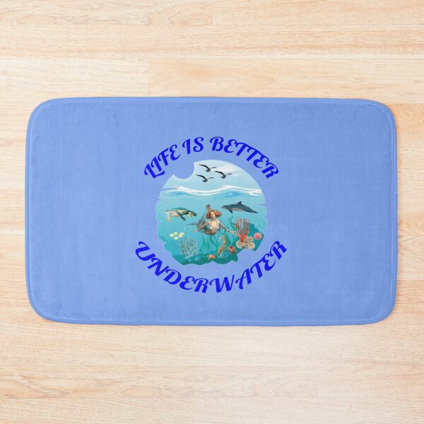 Item preview, Life Is Better Underwater with Dolphin Mermaid Seaturtle and Coral Blue Background designed and sold by KeysTreasures.