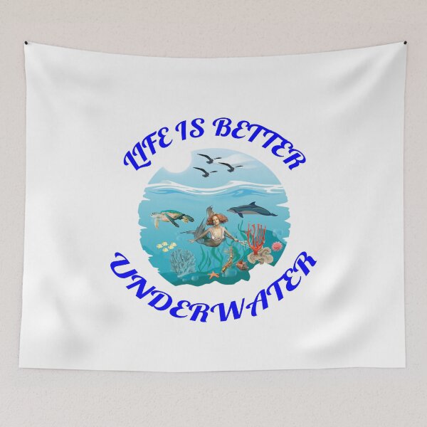Item preview, Life Is Better Underwater with Dolphin Mermaid Seaturtle and Coral White Background designed and sold by KeysTreasures.