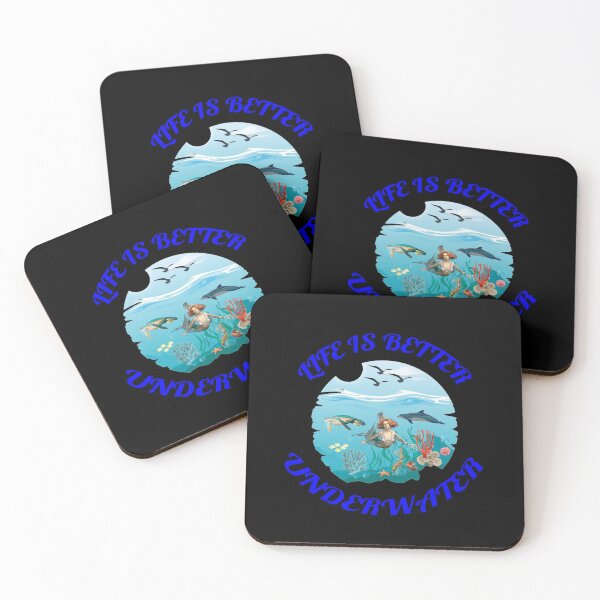 Item preview, Life Is Better Underwater with Dolphin Mermaid Seaturtle and Coral Black Background designed and sold by KeysTreasures.