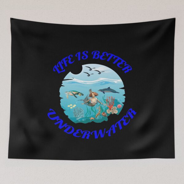 Item preview, Life Is Better Underwater with Dolphin Mermaid Seaturtle and Coral Black Background designed and sold by KeysTreasures.