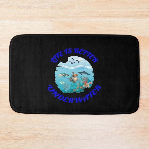 Item preview, Life Is Better Underwater with Dolphin Mermaid Seaturtle and Coral Black Background designed and sold by KeysTreasures.