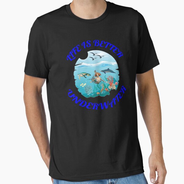 Item preview, Life Is Better Underwater with Dolphin Mermaid Seaturtle and Coral Black Background designed and sold by KeysTreasures.