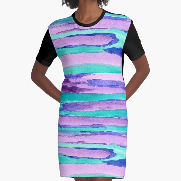 Watercolor Hand Painted Purple Turquoise Abstract Stripes Graphic T-Shirt Dress