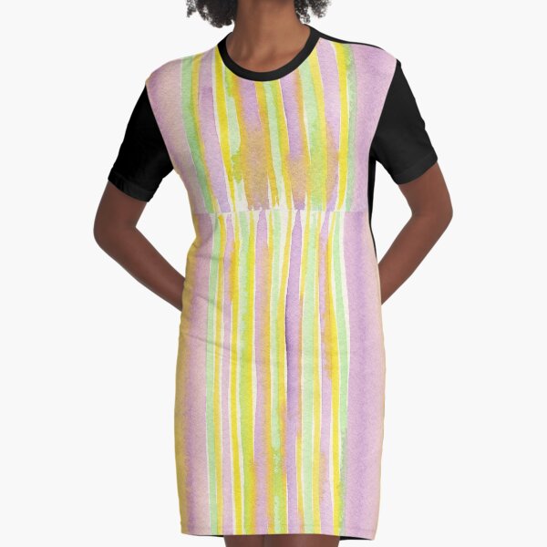 Watercolor Handpainted Purple Yellow Green Stripes Graphic T-Shirt Dress