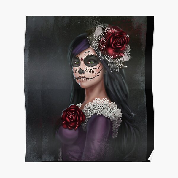 Sugar Skull Girl With Red Roses Poster