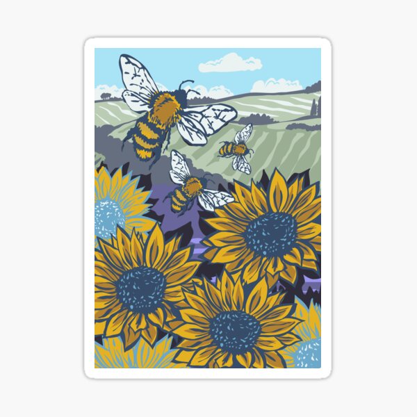 Oxfordshire Sunflowers and Honey Bees Linoprint Sticker