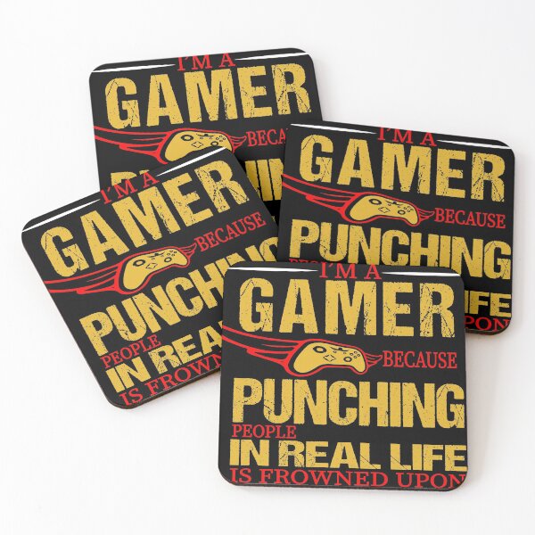 Item preview, I'M A GAMER BECAUSE PUNCHING PEOPLE IN REAL LIFE IS FROWNED UPON RED AND YELLOW DESIGN designed and sold by Artysneak.