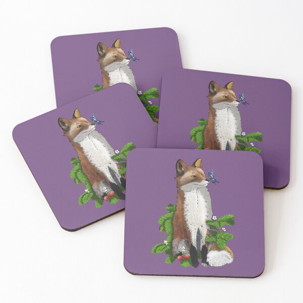 Item preview, Red Fox sitting in a Strawberry Field with a Blue Butterfly designed and sold by creativekeener.