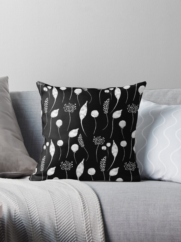 Thumbnail 1 of 4, Pillow, watercolour watercolor aesthetic - plants pattern black designed and sold by Fatamimosh.
