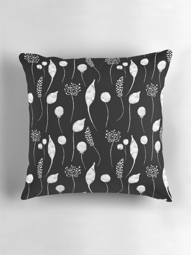 Thumbnail 3 of 4, Pillow, watercolour watercolor aesthetic - plants pattern black designed and sold by Fatamimosh.