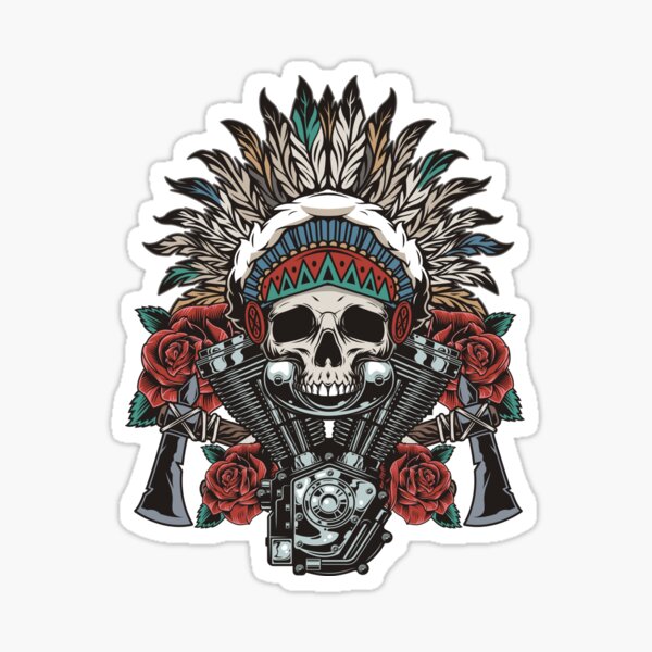 Item preview, Motorhead Skull Indian With Cross Axes and Roses designed and sold by Sarat Shaji.