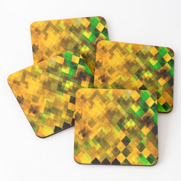 Item preview, geometric square pixel pattern abstract background in brown green yellow designed and sold by Mrvell.