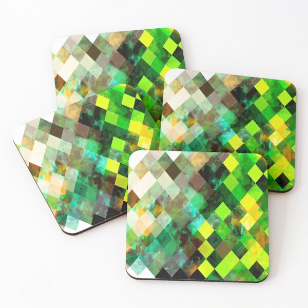Item preview, geometric square pixel pattern abstract background in green yellow brown designed and sold by Mrvell.